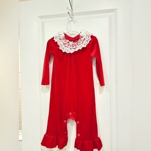 Bonnie Baby Red Velvet romper with lace detail size 24 months